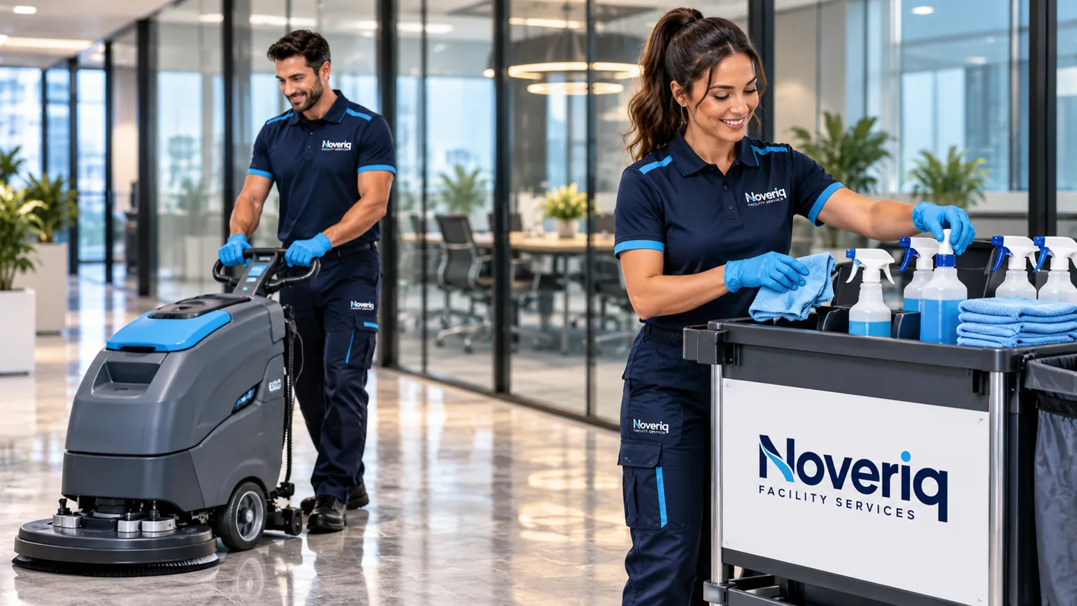 Impressie van professioneel vloeronderhoud door schoonmakers in Noveriq-kleding